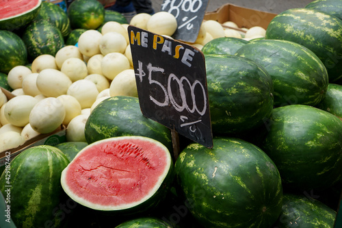 Juicy watermelons being sold at rural market in San Felipe, Chile photo