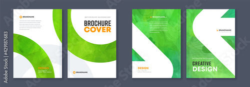 Watercolor booklet brochure colourful abstract cover template bundle set with green background