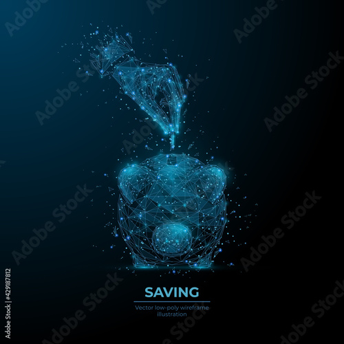 Digital hand putting money into piggy coin bank in dark blue. Saving money, finances, budget concept. Abstract vector low poly wireframe consists of connected dots, lines, triangles and glowing stars 