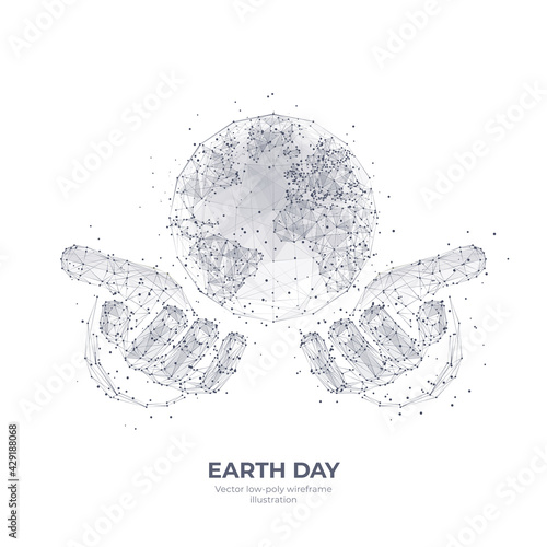 Abstract 3d hands holding Earth. Digital vector world globe wireframe. Earth Day, environment, save planet concept isolated in white. Low poly sketch drawing with connected dots, lines and triangles 
