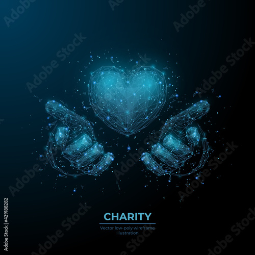 Digital vector 3d human hands holding or giving heart symbol in dark blue background. Charity, volunteering, social care concept. Abstract low poly wireframe with dots, lines, shapes and glowing stars