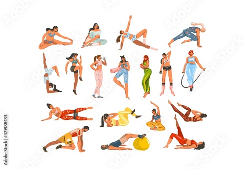 Hand drawn vector abstract stock flat graphic illustration clipart collection set bundle with sport fitness training people in sportwear isolated on white color background.Home fitness concept