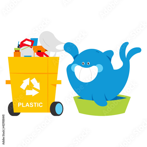 Cute whale sorts the plastic waste vector cartoon character isolated on a white background.