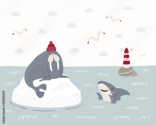 Cute walrus on an iceberg, shark, lighthouse, gulls. Childish sea, ocean landscape. Hand drawn vector illustration. Scandinavian style flat design. Concept for nautical kids print, poster, wallpaper.