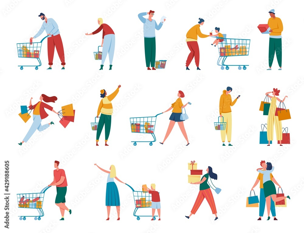 People shopping. Man and women with paper bags, carts, gift boxes purchasing at retail store or mall. Buyers with packages, customer characters vector set. Buying products in grocery shop