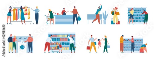 People in store. Family buying groceries. Consultant helping couple purchase home appliance. Men and women shopping at supermarket, mall, boutique vector set. Cashier at counter. Choosing shoes