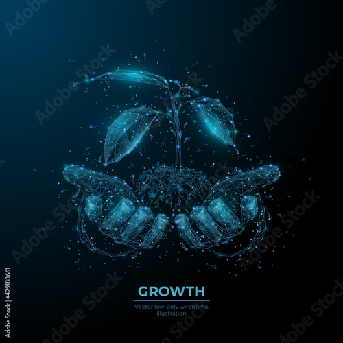 Digital 3d hands holding soil with sprout in dark blue. Abstract vector wireframe of plant. Growth, environment, nature, ecology concept. Polygonal mesh with dots, lines, shapes and flying particles 