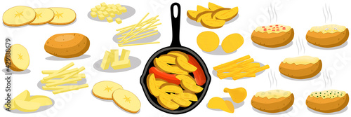 Illustration on theme beautiful big set sweet vegetable potato on black cast iron pan