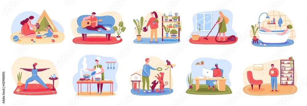 Home activities. People cleaning home, cooking, taking bath, playing with pets, practicing yoga, reading. Leisure time, relaxing indoor activity vector set. Watering plants, freelancer working