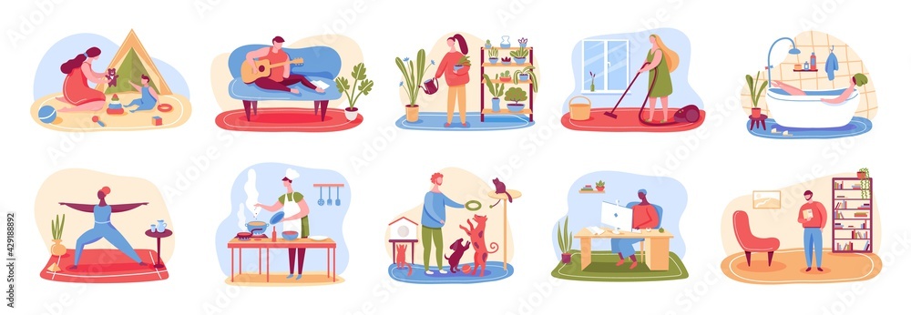 Naklejka premium Home activities. People cleaning home, cooking, taking bath, playing with pets, practicing yoga, reading. Leisure time, relaxing indoor activity vector set. Watering plants, freelancer working