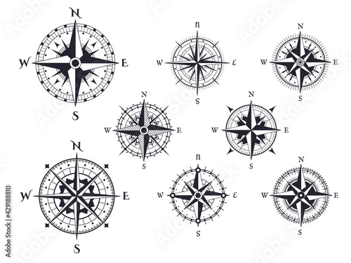Retro compass. Wind rose nautical direction icons with cardinal points, vintage map compasses elements vector isolated set. Traveling around world, different isolated expedition equipment