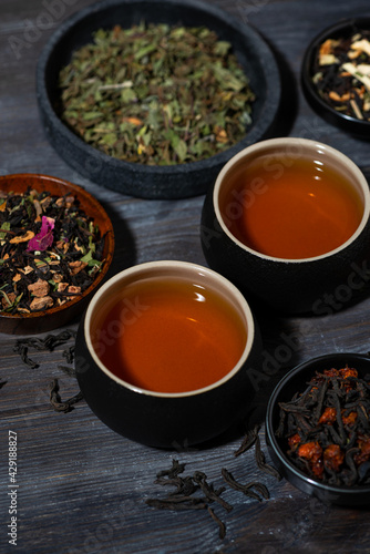 assortment of fragrant tea. black, floral and herbal drinks, vertical top view