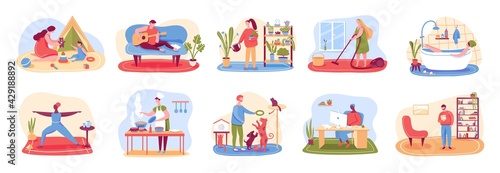 Home activities. People cleaning home, cooking, taking bath, playing with pets, practicing yoga, reading. Leisure time, relaxing indoor activity vector set. Watering plants, freelancer working