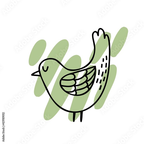 doodle bird on a colored abstract spot. hand drawn bird isolated on white background. abstract modern shape in pastel color. vector illustration