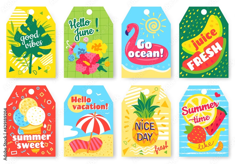 Summer tags. Summertime labels with watermelon, strawberries. Gift tag with fruits, flowers, tropical leaves, ice cream, beach, ocean. Holiday vacation card label vector. Bright elements with fruit