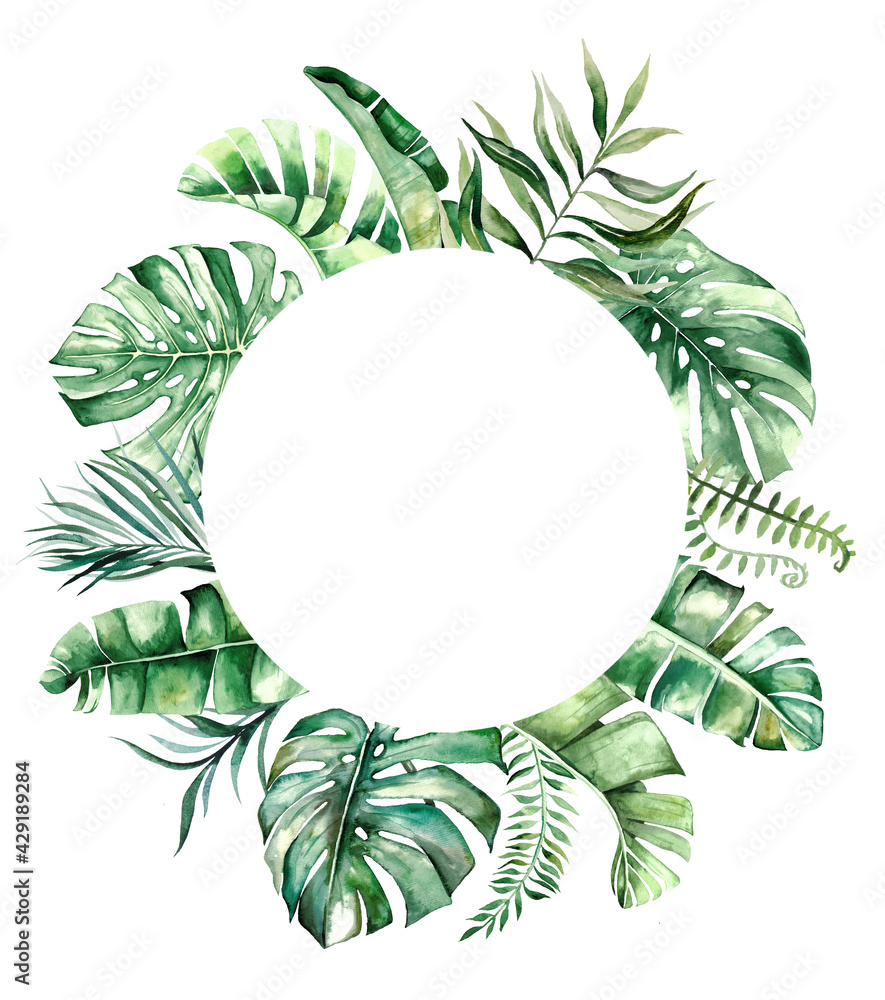 Naklejka premium Watercolor tropical leaves frame illustration