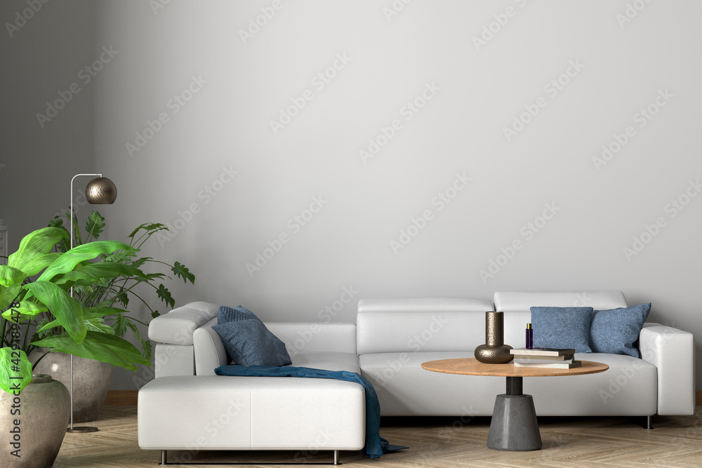 Blank white wall of modern living room mock up. - obrazy, fototapety, plakaty 
