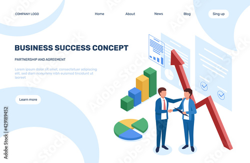 Partnership isometric concept. Businessmen handshaking with growth charts and documents, successful investment landing page vector design. Employees having agreement and collaboration