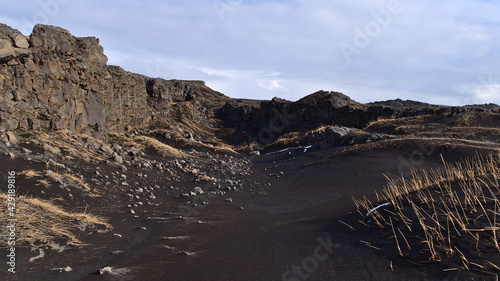 Rock fissure over the Mid Atlantic Ridge  MAR   where Eurasian and American tectonic plates drift apart  near the Bridge Between Continents  Reykjanes  Iceland on sunny winter day with brown grass.