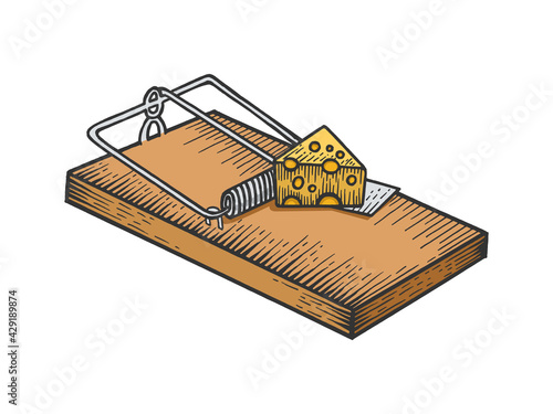Mousetrap with cheese color sketch engraving vector illustration. Scratch board style imitation. Black and white hand drawn image.