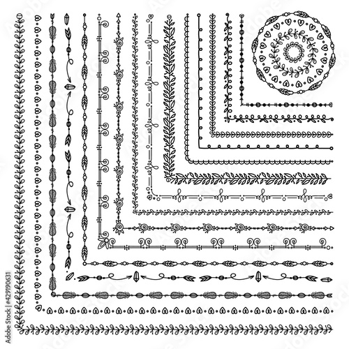 Decorative brushes with corner tiles. Vintage floral brush seamless pattern for frames, borders, dividers. Hand drawn calligraphic ornament vector set. Heart, leaves and ethnic elements