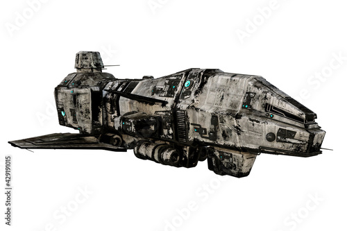 Fototapeta Naklejka Na Ścianę i Meble -  3D rendering of a dirty old sci-fi space ship isolated on white and seen from front left.