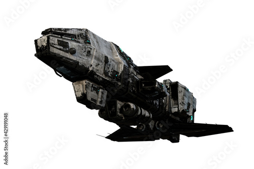 Fototapeta Naklejka Na Ścianę i Meble -  3D rendering of a dirty old sci-fi space ship isolated on white and seen from underneath.