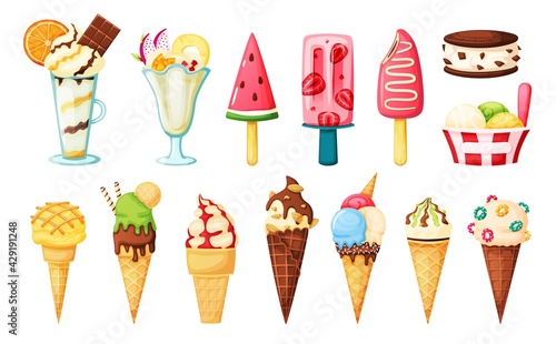 Ice cream cones. Strawberry popsicle, watermelon fruit ice, vanilla sundae, ice cream sandwich. Summer dessert with nuts, sprinkles, fruits cartoon vector set. Balls in waffles with topping