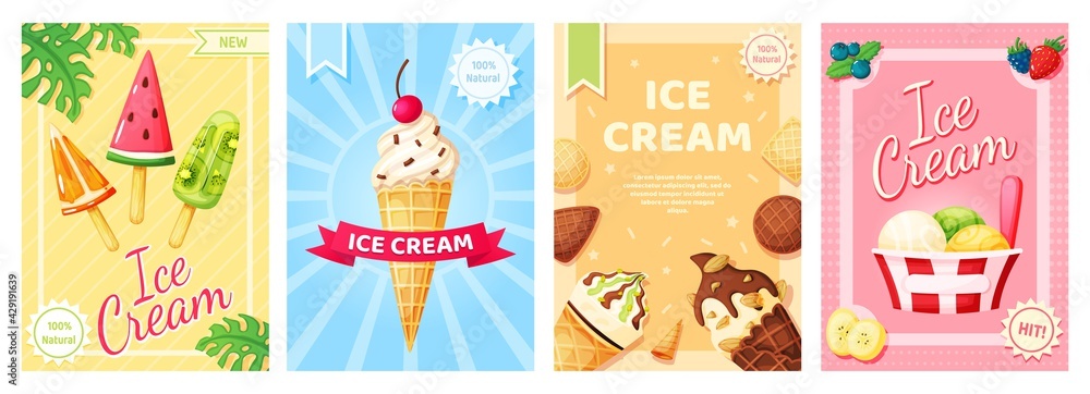 Ice cream poster. Cold summer desserts promotional banner. Flyer template with vanilla, chocolate sundae, fruit ice, popsicle for shop, cafe menu, restaurant vector set. Natural product advertisement
