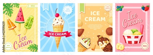 Ice cream poster. Cold summer desserts promotional banner. Flyer template with vanilla, chocolate sundae, fruit ice, popsicle for shop, cafe menu, restaurant vector set. Natural product advertisement