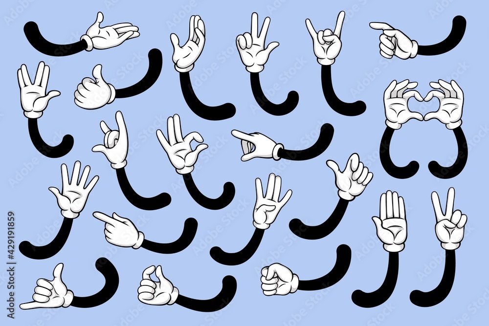 Cartoon hands. Hand palm in white gloves in various gestures. Love, ok ...