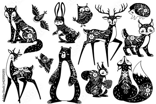 Scandinavian animals. Forest dwellers nordic with floral patterns. Deer, fox and hare, squirrel and hedgehog, lynx and owl swedish style vector set. Flying beautiful birds with ornament