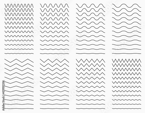 Wavy curvy and zigzag horizontal lines. Vector set for graphic elements.