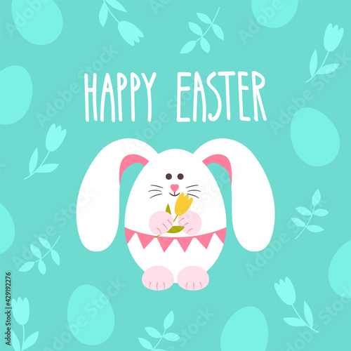 Postcard with the wish of Happy Easter. Egg-rabbit with tulips in its paws. Vector image of a rabbit with congratulations text.