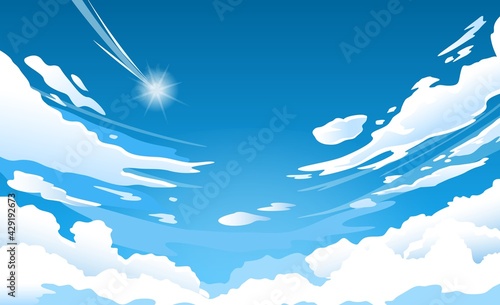 Anime sky. Cloud in blue heaven in sunny summer day, cloudy beautiful nature morning scene with falling star vector wallpaper, background. Bright cloudscape with cumulus and shining