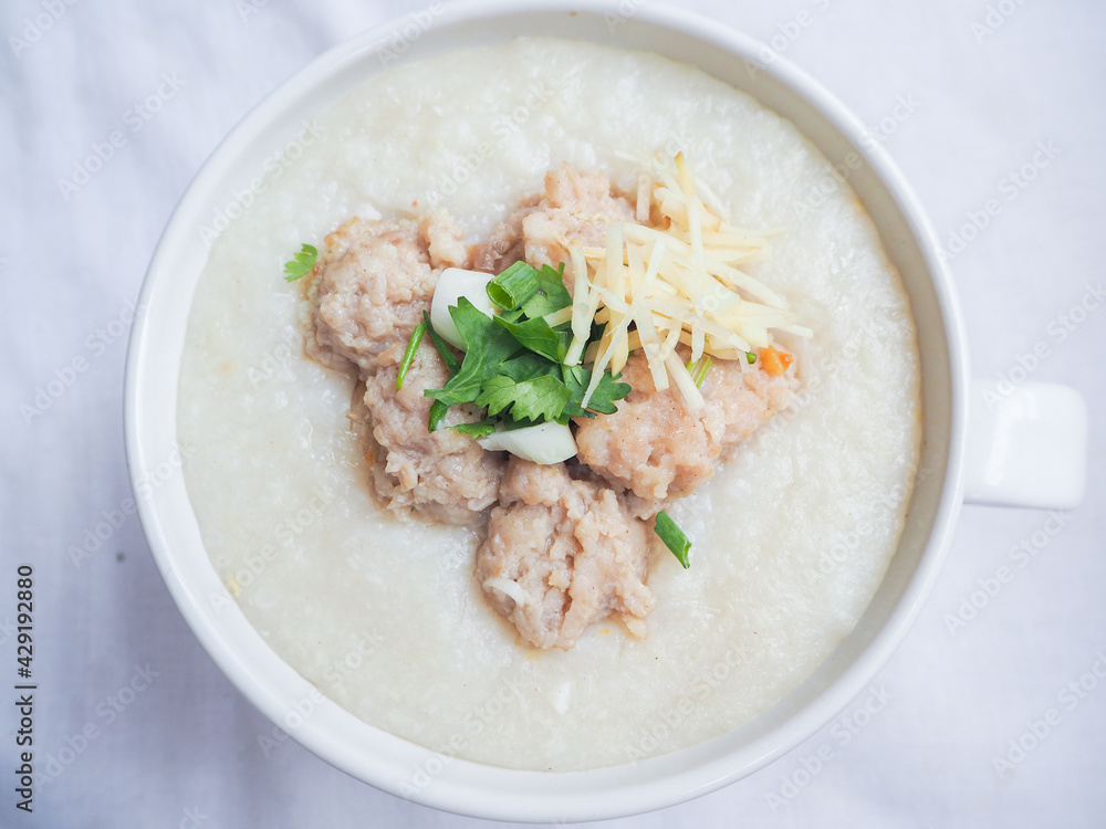 Top view of Rice porridge with minced pork, sliced ginger Top view of Rice porridge with minced pork, sliced ginger