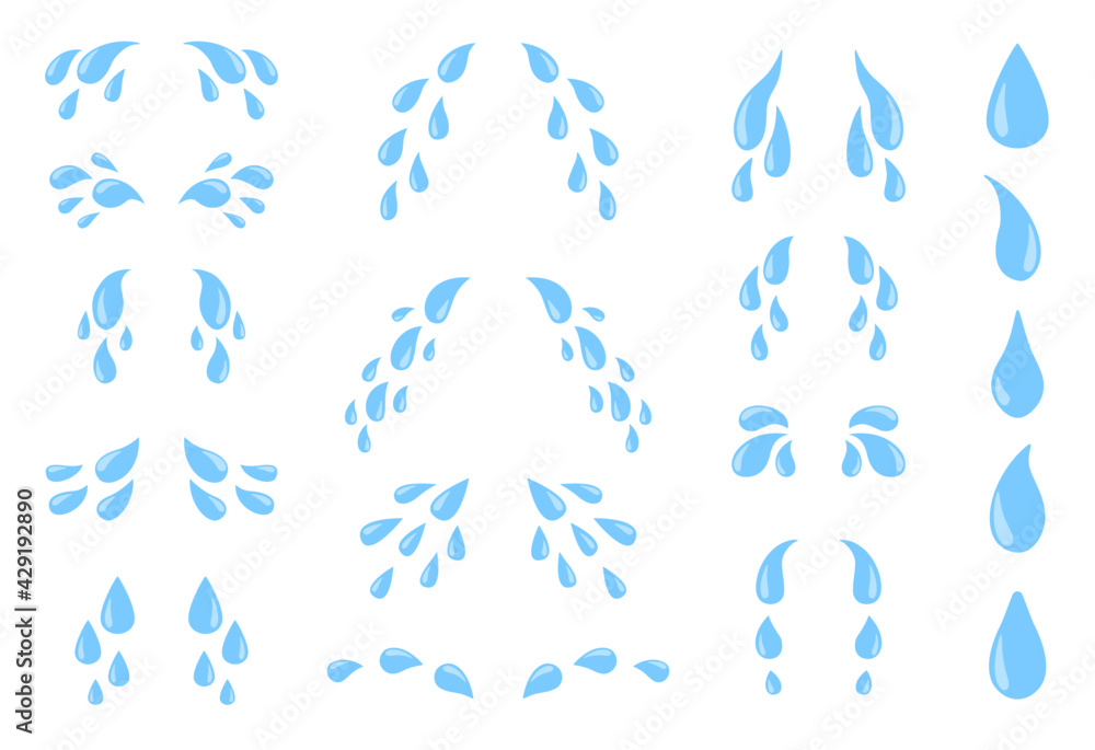Cartoon tears. Sweat or crying fluid, falling blue water drops. Raindrops isolated vector set for sorrowful character weeping expression. Wet grief droplets, emotional blobs and drips