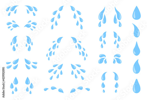 Cartoon tears. Sweat or crying fluid, falling blue water drops. Raindrops isolated vector set for sorrowful character weeping expression. Wet grief droplets, emotional blobs and drips photo