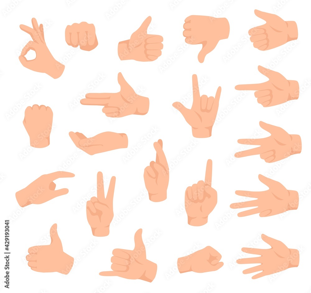 Hand gestures. Male hands with various signs. Ok, victory and like, dislike. Counting fingers, holding arm flat isolated vector set. Pointing finger, showing numbers and direction with forefinger Hand gestures. Male hands with various signs. Ok, victory and like, dislike. Counting fingers, holding arm flat isolated vector set. Pointing finger, showing numbers and direction with forefinger