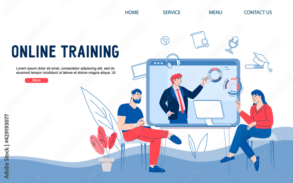 Online video training or conference website banner. Remote education or communication, cartoon vector illustration. Online business training and distance learning concept of web page.