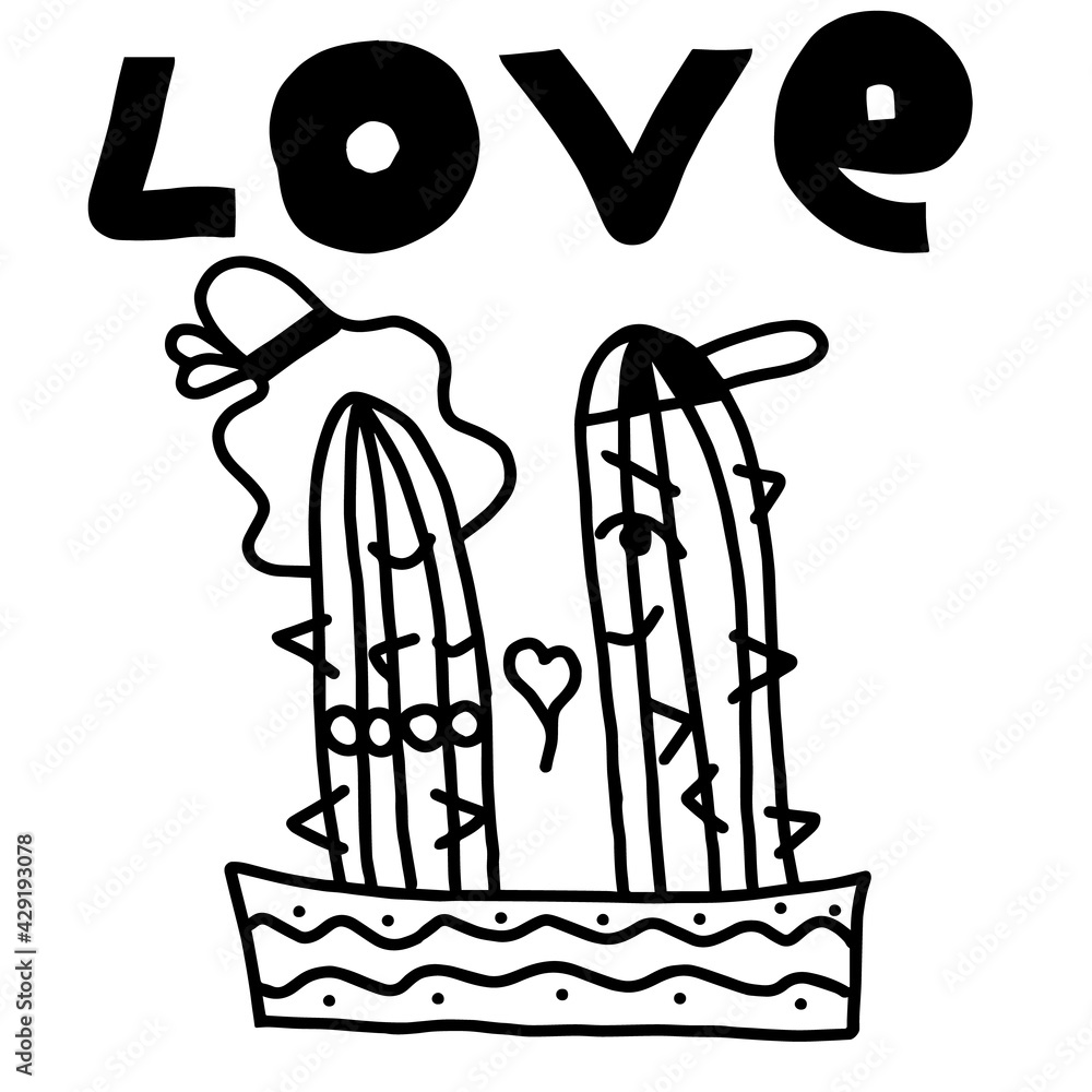 Cute Love Cactuses for Valentine day or design isolated on white, vector illustration