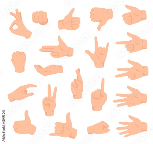 Hand gestures. Male hands with various signs. Ok, victory and like, dislike. Counting fingers, holding arm flat isolated vector set. Pointing finger, showing numbers and direction with forefinger