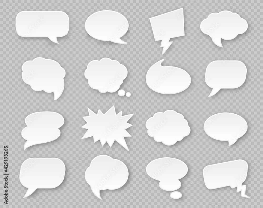Paper speech bubbles. Comic thought white blank balloons with shadow. Thinking cloud for expression in various shapes vector set. Shapes for communication , dialogue elements for message Paper speech bubbles. Comic thought white blank balloons with shadow. Thinking cloud for expression in various shapes vector set. Shapes for communication , dialogue elements for message