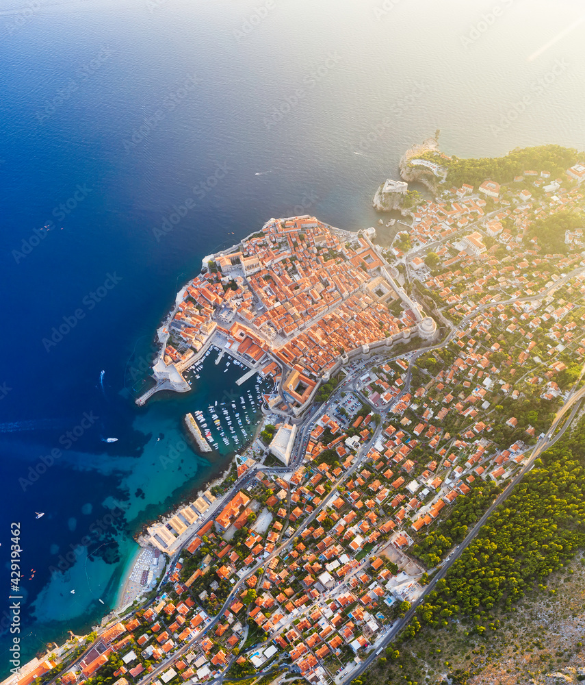 Dubrovnik, Croatia. Aerial view on old town. Vacation and adventure. Town and sea. Top view from drone at old castle and blue sea. Travel image