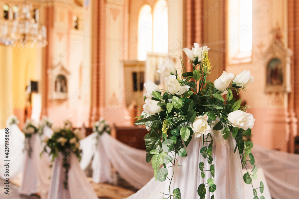 Fototapeta premium A large beautiful church is decorated for the wedding ceremony of the newlyweds, Belogruda, April 2021