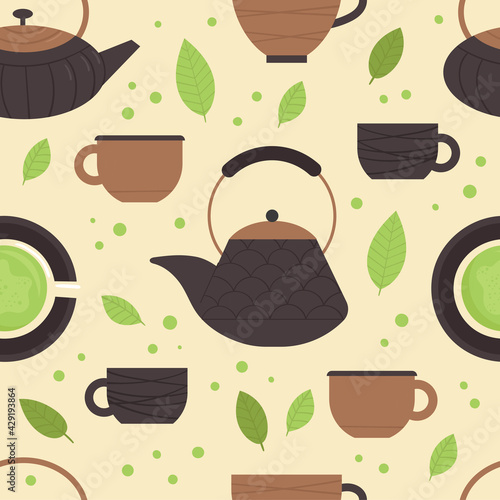 Seamless pattern with matcha tea elements. Traditional Japanese tea ceremony. Healthy lifestyle, harmony. An invigorating drink. Illustration in flat style