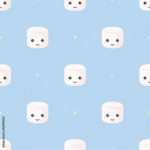 Pixel fun stuff seamless pattern with cute marshmallows on blue background. Blue backdrop and fun anime pixel marshmallow repeat pattern for fabric, textile, paper, case. Modern Trendy pixel pattern.
