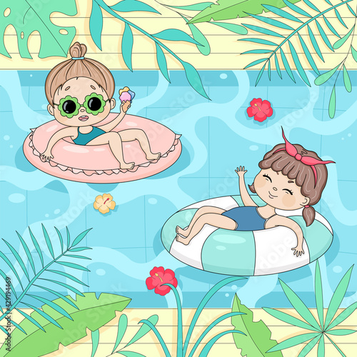 Cute girls in swimming pool vector illustration. Summer vacation square banner with children girls in lifebuoys are resting on the water. Swimming pool scene with tropical leaves, flowers and girls.