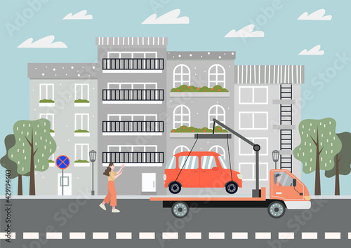 Tow truck take away a car. Woman running the car. Parking is prohibited.City background. Flat vector illustration.