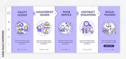 Customer claims onboarding vector template. Responsive mobile website with icons. Web page walkthrough 5 step screens. Poor service, contract violations color concept with linear illustrations